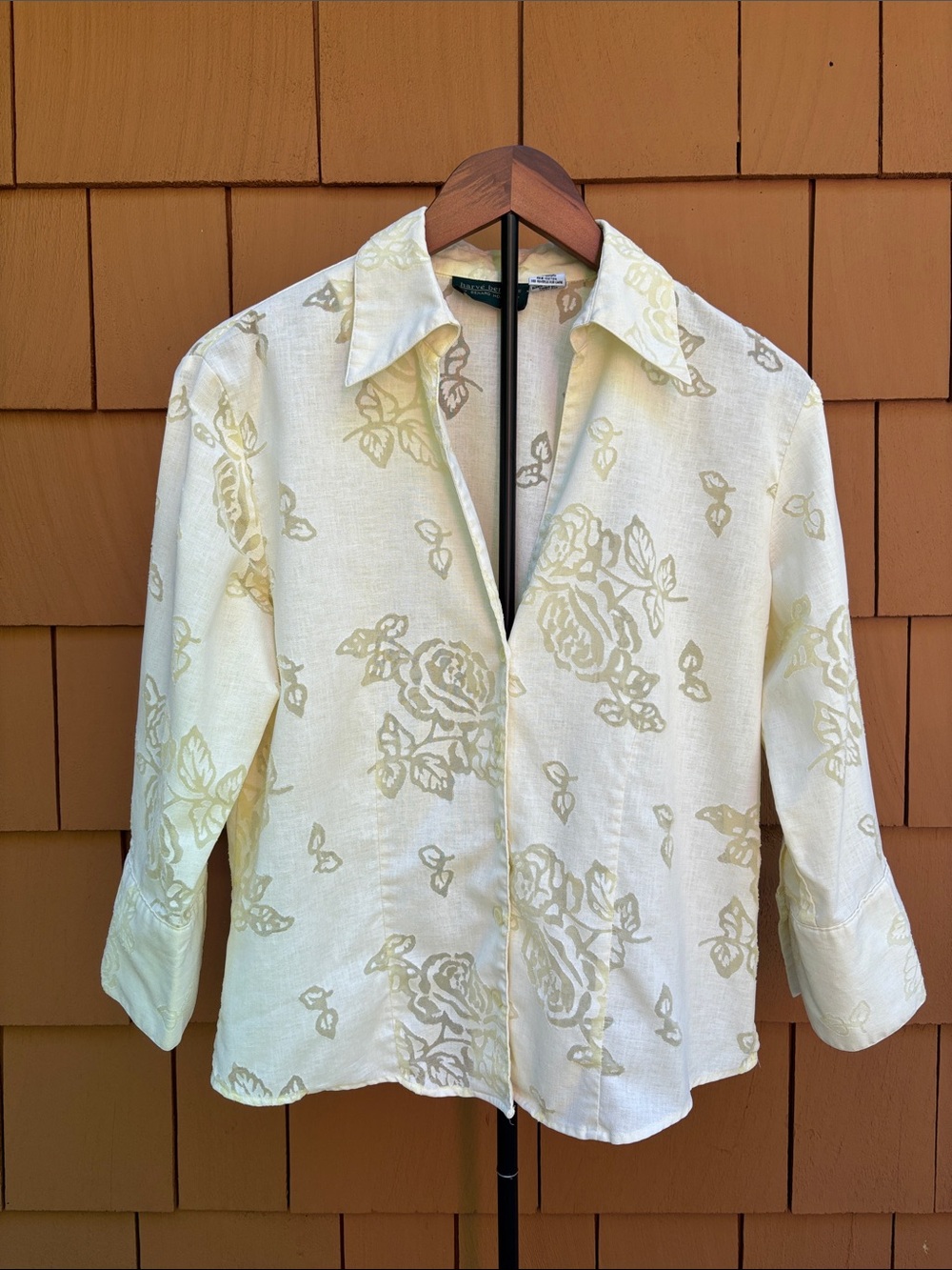 HARVE BERNARD VTG 90s Buttery Yellow Tonal Linen Blend Floral Top Jacket Size L